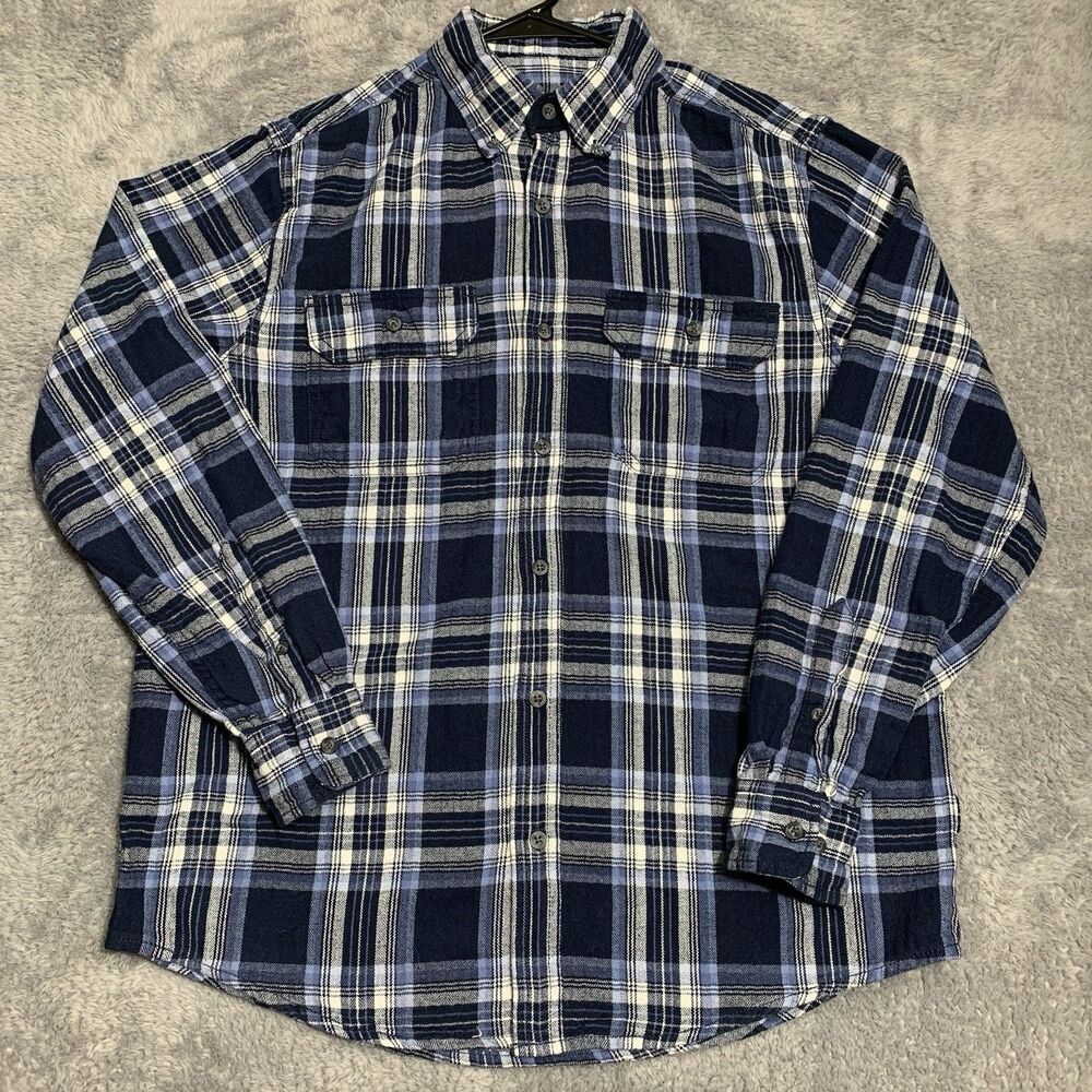 Faded Glory Mens Size Medium Blue Plaid Flannel Cotton Button Up Shirt
